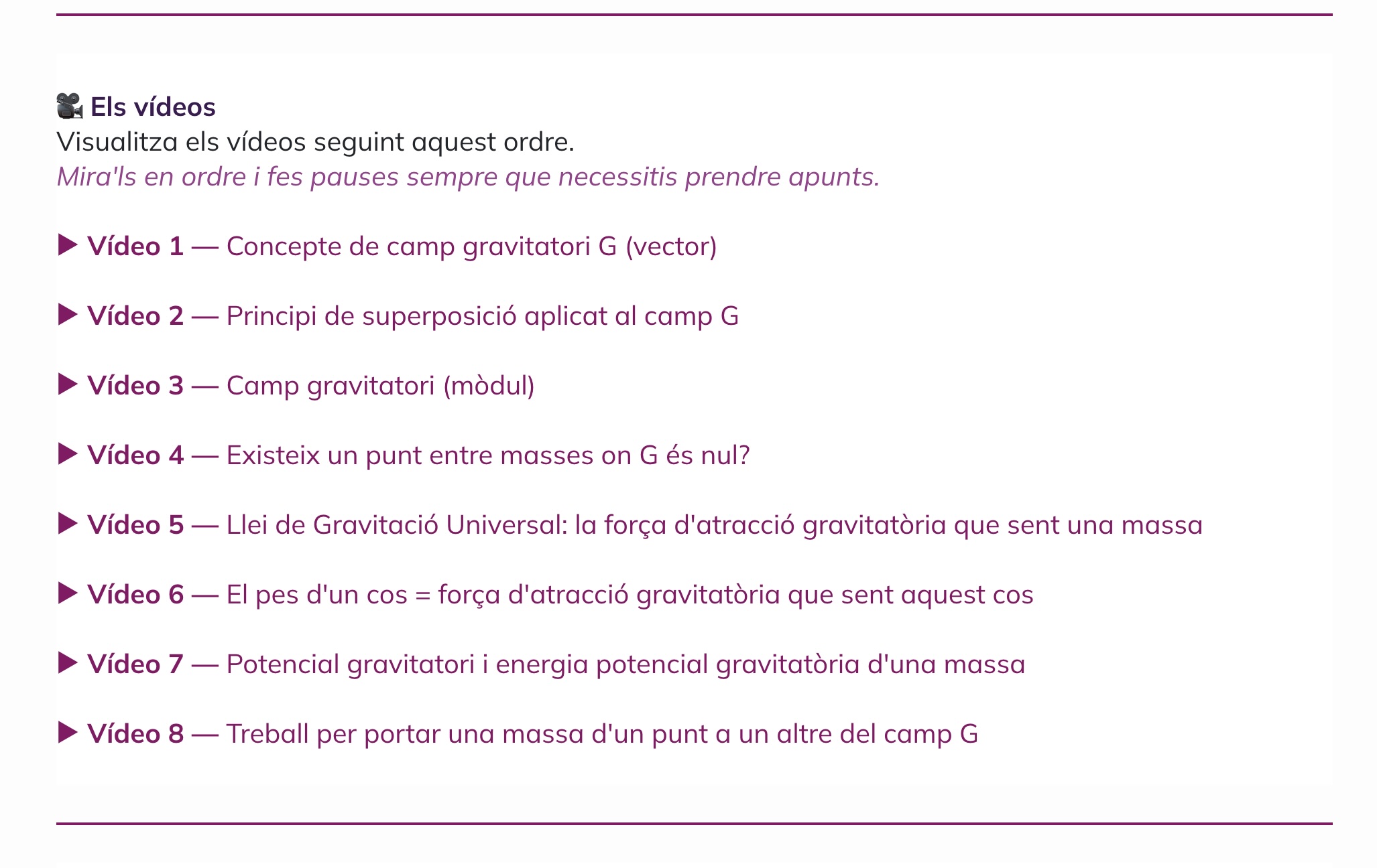 Llista ordenada de vídeos explicatius